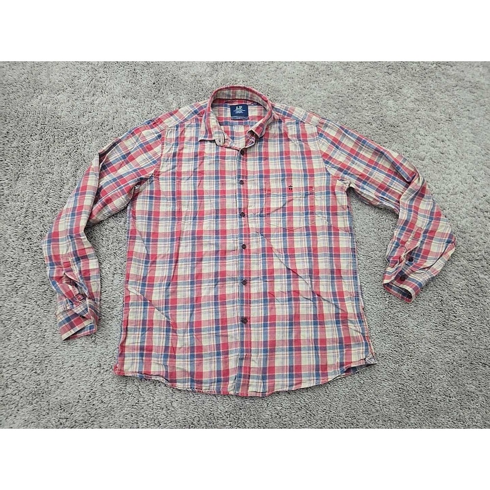 Louis Philippe LP Men's Slim Fit Plaid Casual Button-Down Shirt Size 42 Red Blue